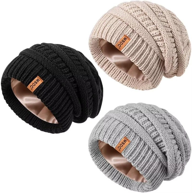 MSDC 3 Pack Satin Lined Beanie for Women, Warm Slouchy Winter Hats with Silk Lined, Fashionable Oversized Cable Knit Hat Skull Cap - Image 1